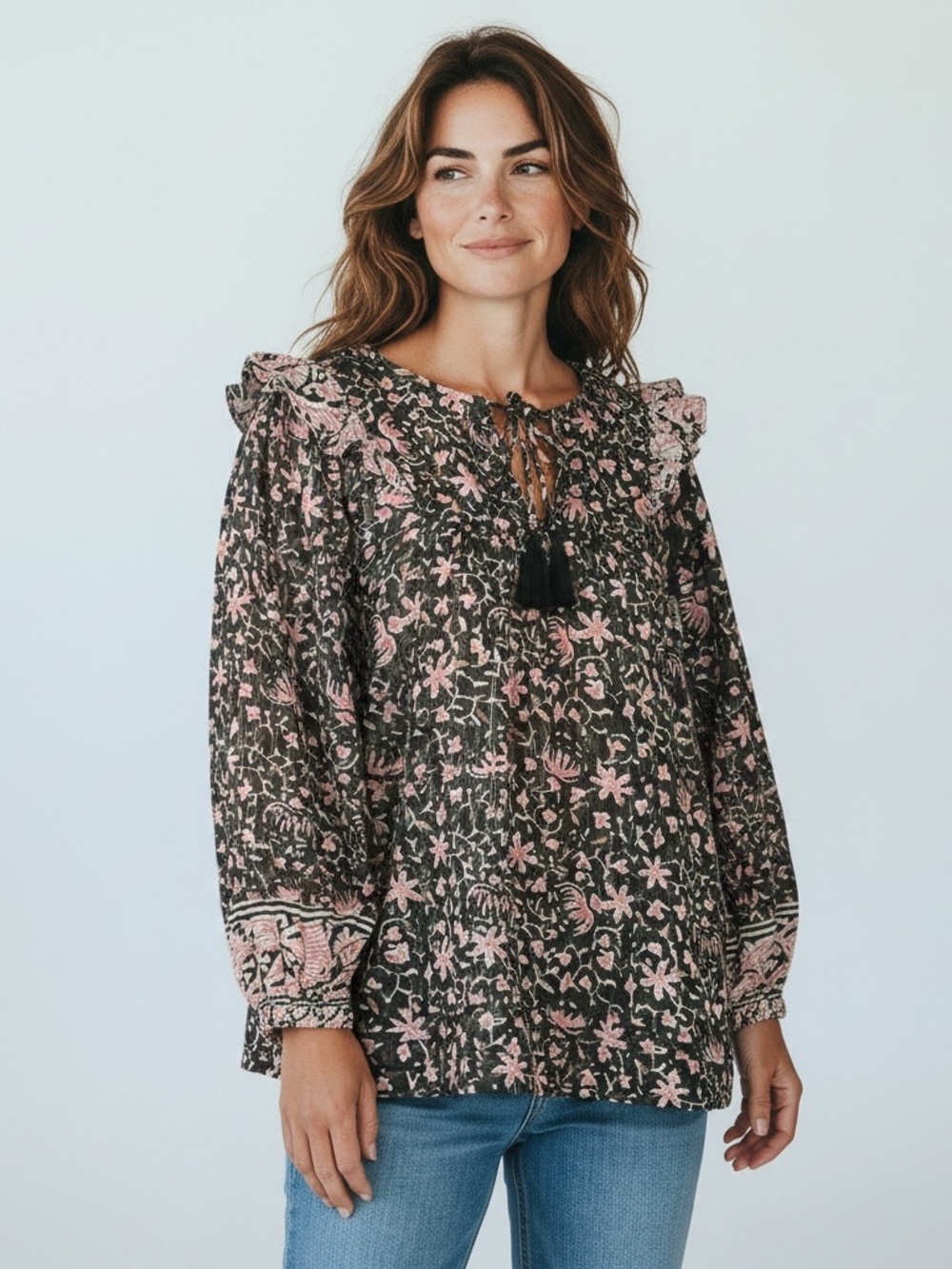 Cleobella cotton Boho Floral Ruffle Tie-Neck Blouse